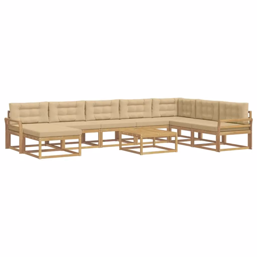 Set di divani da esterno a forma di U vidaXL in legno di acacia con tavolino e pouf, Bianco e Beige – 2