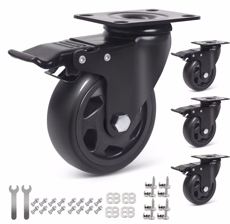 Ruote robuste per mobili con freno, set di 4 ruote silenziose, diametro 100 mm, capacità di carico 650 kg