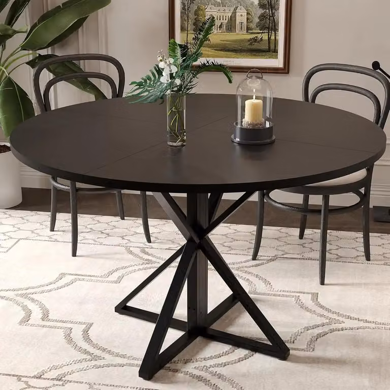 Tavolo da pranzo - Rotondo Ø120 cm - Piano in legno - Base in metallo massiccio - Per 4 persone - Stile moderno minimalista - Nero