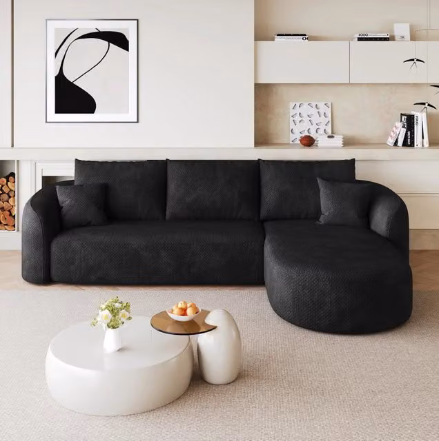 Divano angolare modulare 266x168x85 cm in tessuto nero, senza montaggio