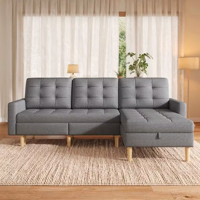 Divano angolare MIVRAY a 3 posti con chaise longue reversibile in tessuto grigio e vani contenitore