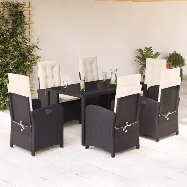 Set da Pranzo da Giardino 7 pz Nero con Cuscini in Polyrattan 3212198