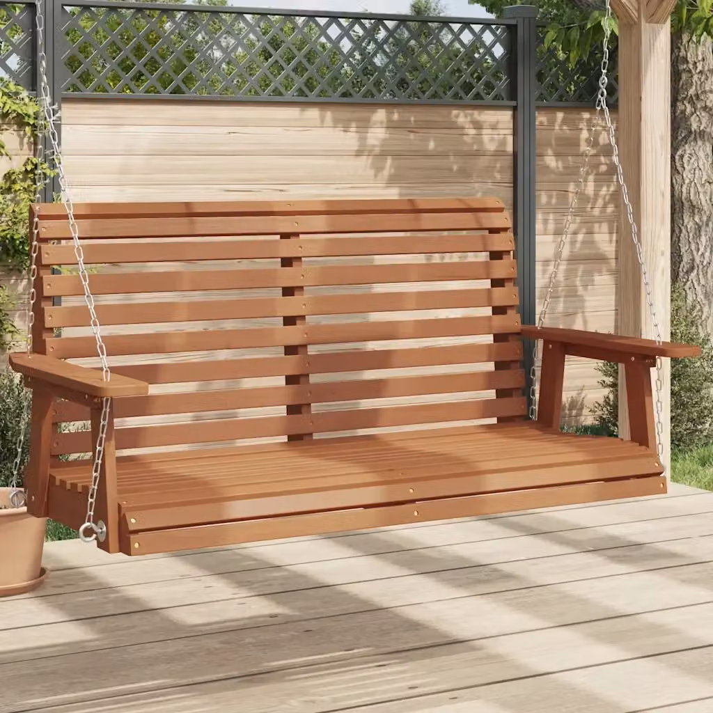Panchina a dondolo da giardino in legno di pino e metallo marrone con braccioli e design rustico – 2