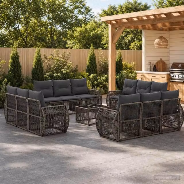 Set Divano da Giardino a Forma a U vidaXL in Polyrattan Grigio e Antracite con Tavolino e Cuscini Imbottiti