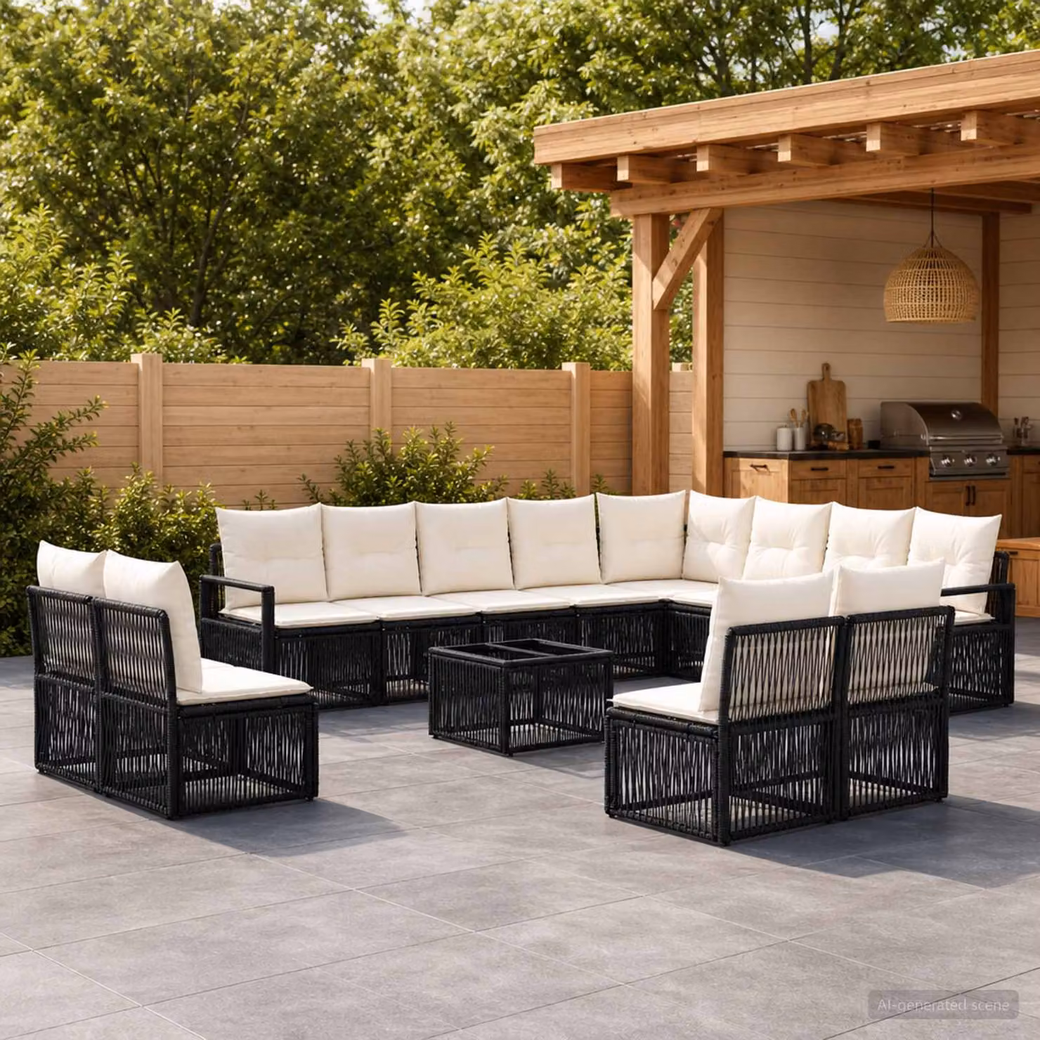 Set Divano da Giardino vidaXL a forma a U in Polyrattan Nero con Tavolino e Cuscini