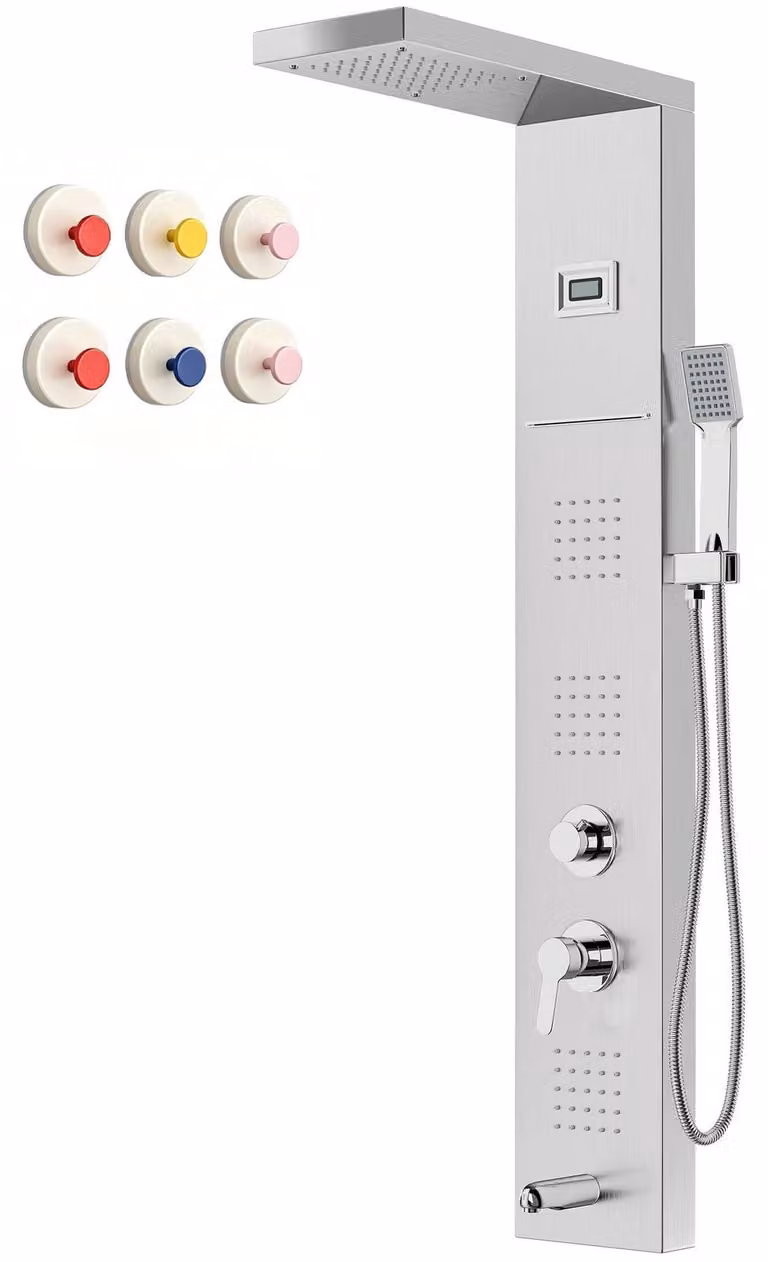 Colonna doccia multifunzione a 5 getti, con illuminazione LED, controllo della temperatura e realizzata in acciaio inossidabile spazzolato, altezza 1100 mm