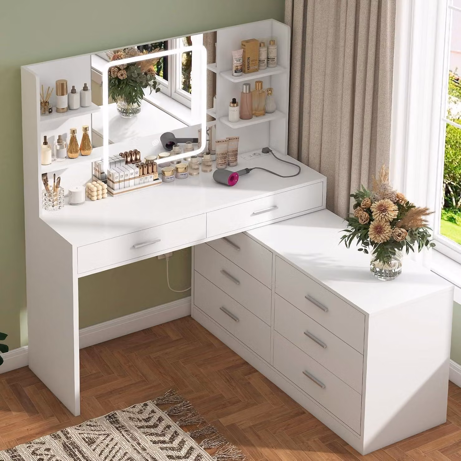 Comò da trucco con specchio a LED, 8 cassetti, prese di corrente, bianco, forma a L