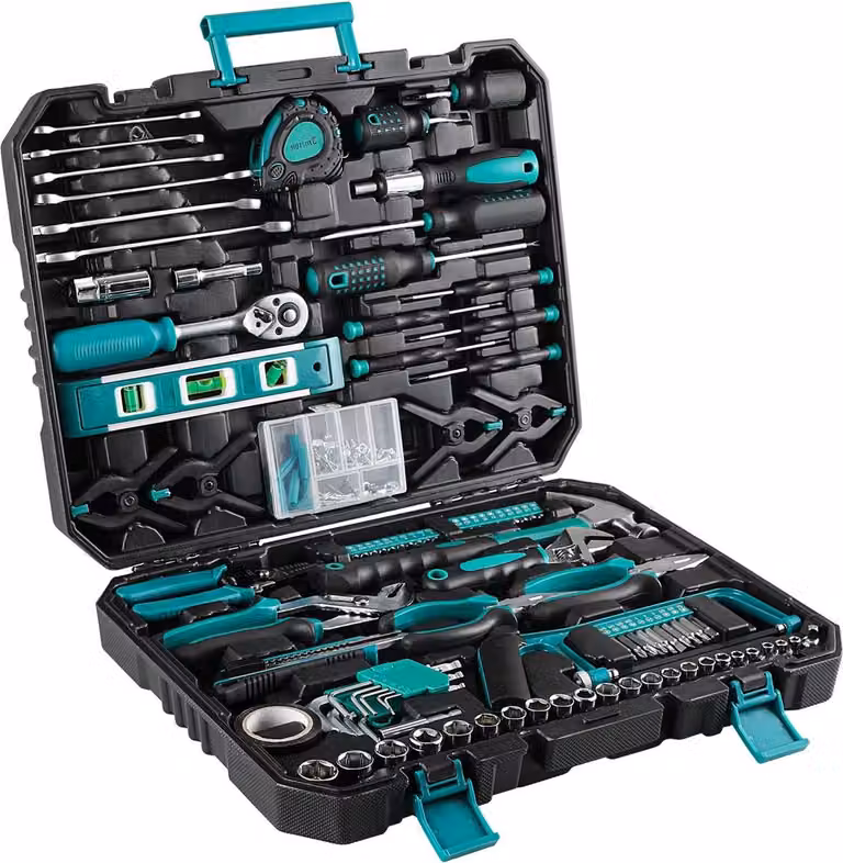 Set di utensili da 198 pezzi - Valigetta completamente riempita - Set di utensili manuali con cricchetto e cacciavite - Verde - Per la riparazione di casa e auto