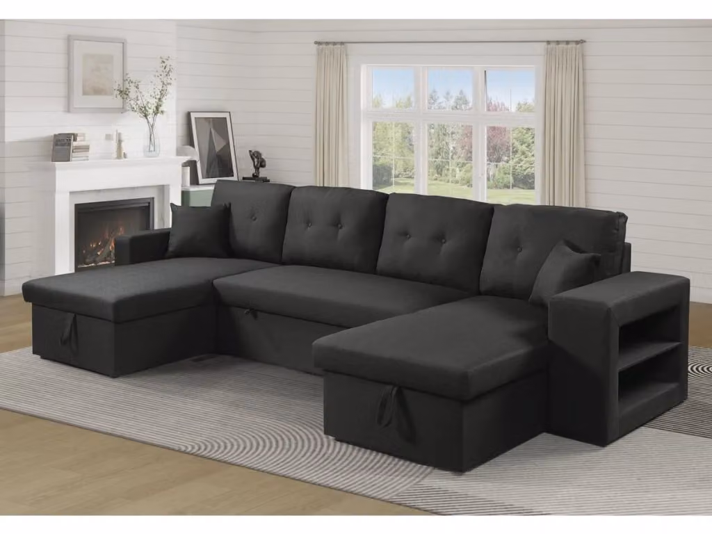 Divano angolare trasformabile Axel in tessuto nero con struttura in legno massello, modello a L con funzione letto e cuscini inclusi, L/P/H: 298 x 146 x 86 cm – 2