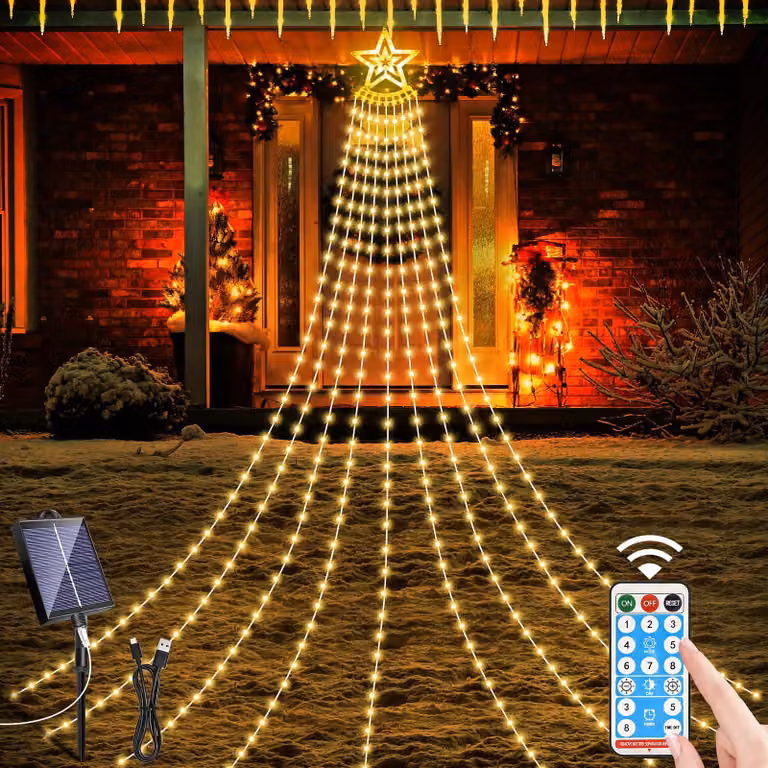 Albero di Natale solare con 350 LED, 9 fili, luce bianco caldo, grado di protezione IP44