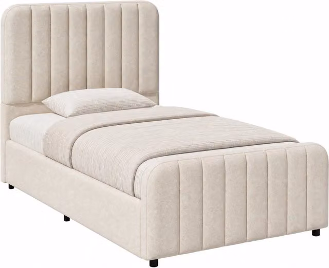 Letto singolo 90x200 cm con contenitore; rete a doghe e testiera imbottita; beige