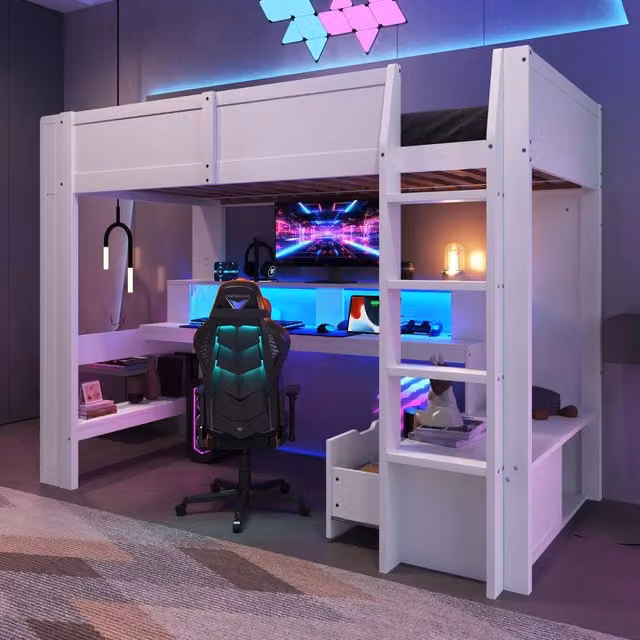 Letto a soppalco gaming in legno di pino bianco 90x200 cm con scrivania, luci LED, cassetto e mensole, per studio e gioco, senza materasso