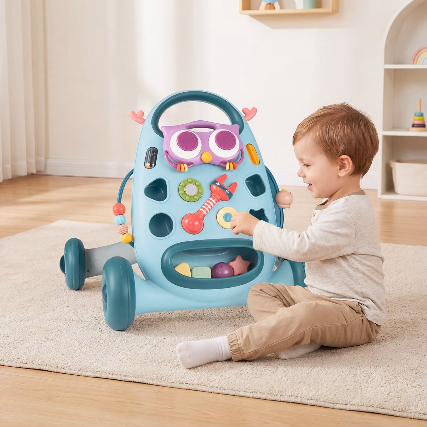 Camminatore Montessori Costway Blu con Forme, Maracas e Girandole per lo Sviluppo Sensoriale e Motorio del Bambino