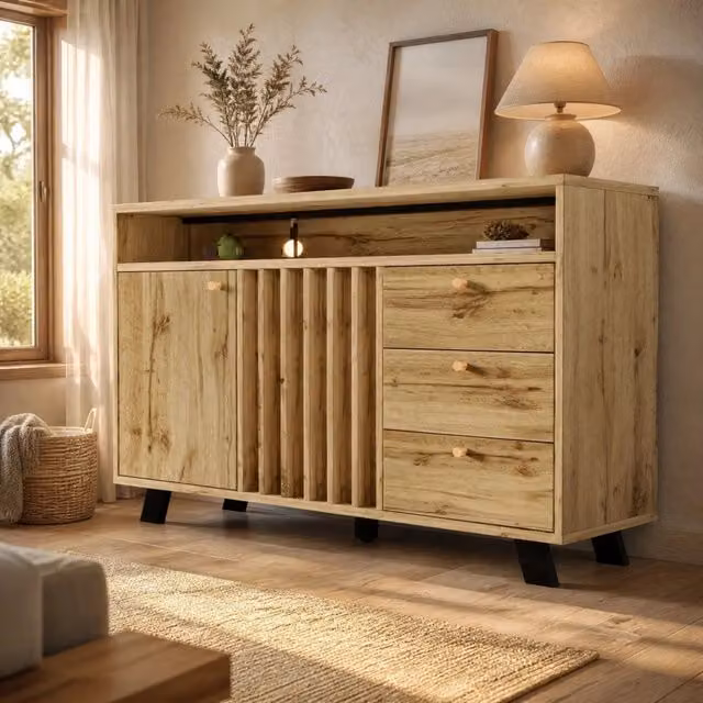 Madia MIVRAY in legno rovere scuro con 3 cassetti, 2 ante a lamelle e vano aperto, L 120 x P 40 x H 85 cm