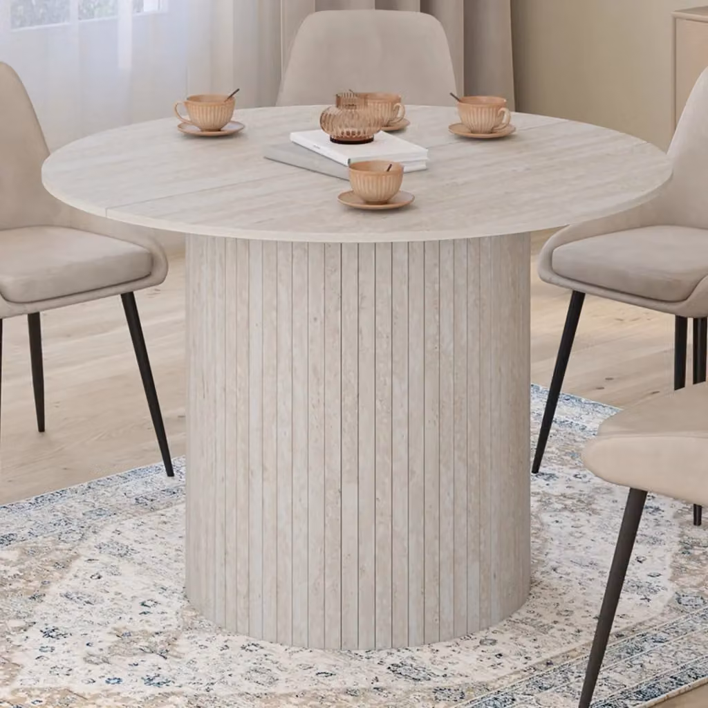 Tavolo da pranzo rotondo IDMarket JULIETTE per 6 persone, stile travertino beige con gamba centrale a doghe, Diametro: 110 cm, Altezza: 75 cm – 2