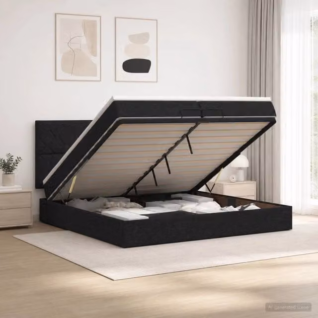 Letto ottomano moderno vidaXL con materasso e base a sollevamento, tessuto nero e bianco, L/P: 200 x 200 cm – 1