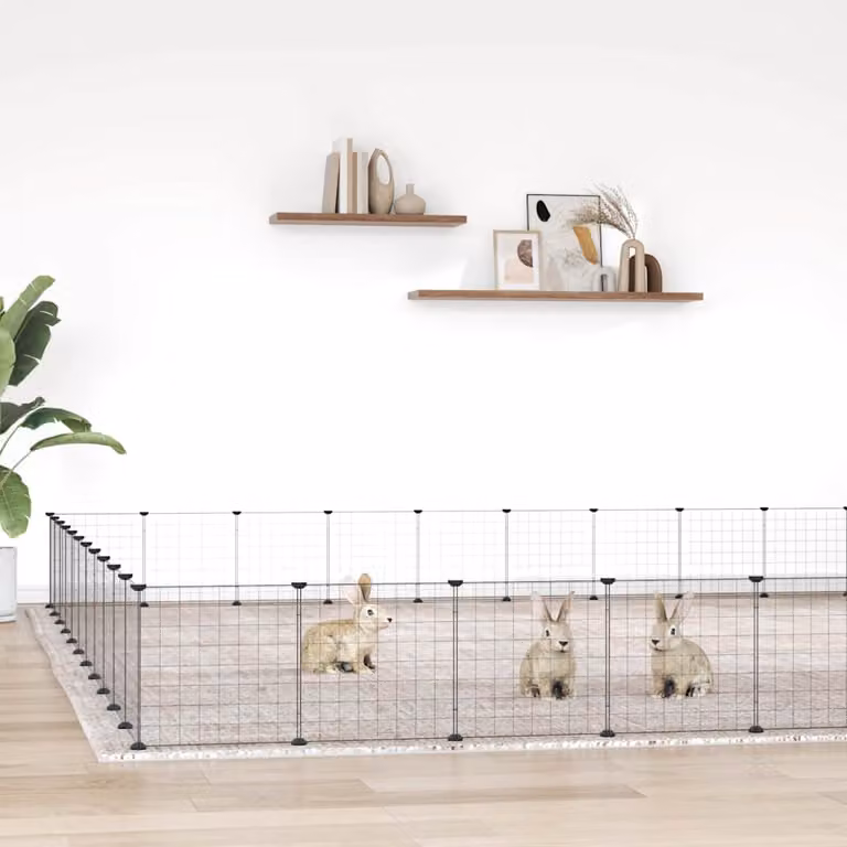 Gabbia per animali vidaXL in acciaio con 44 pannelli e porta, colore nero, L 385 x P 385 x H 35 cm
