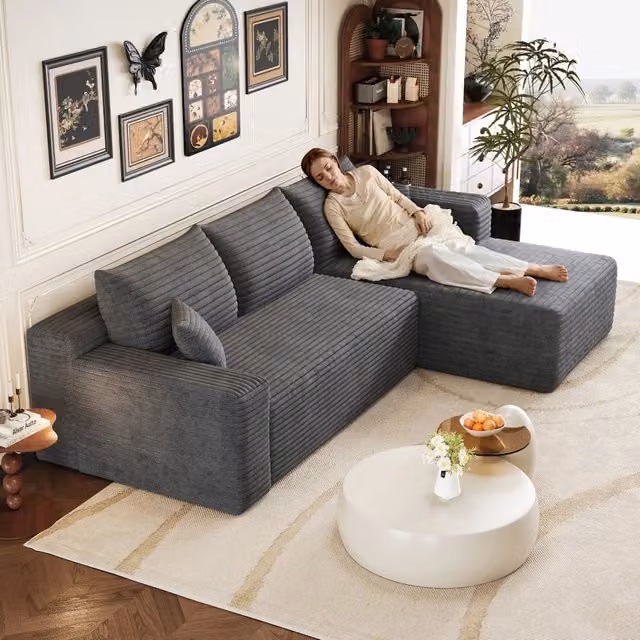 Divano angolare modulare 241x151x58 cm; divano effetto nuvola con seduta profonda; stile minimalista; consegnato montato; velluto a coste; grigio