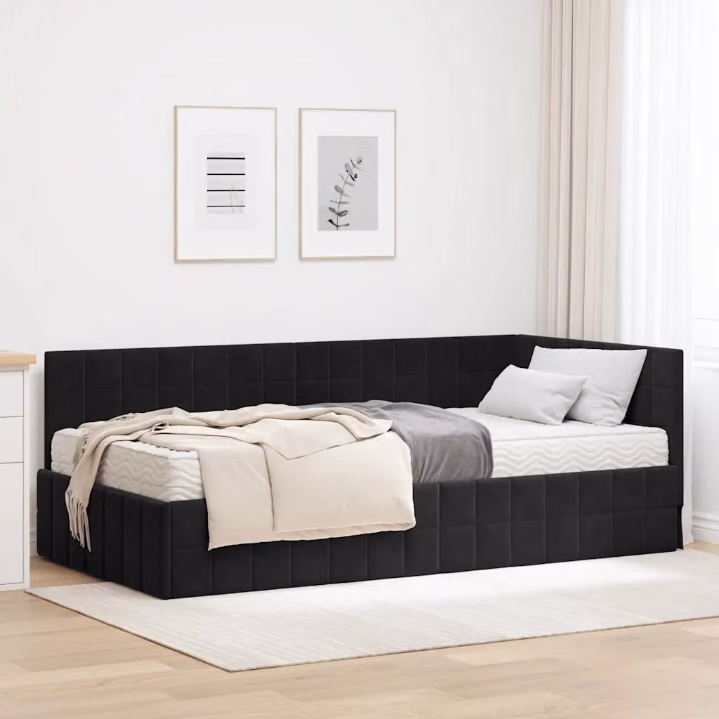 vidaXL Struttura Letto Angolare con 2 Materassi in Velluto Nero L/P: 90 x 190 cm – 1