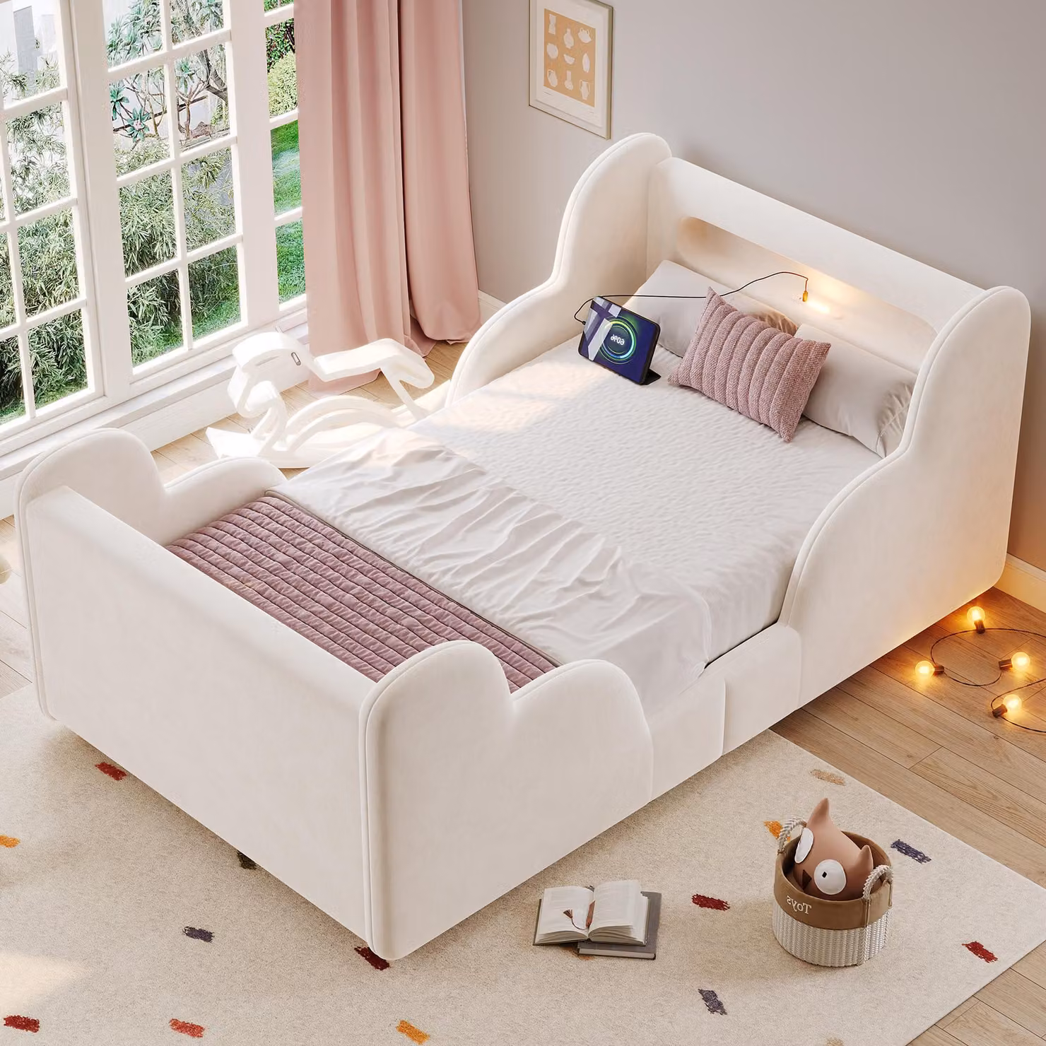 Letto per bambini imbottito Merax 90x200 cm con spondine di protezione, luce notturna, letto singolo con porte USB e Type-C, vani portaoggetti, rivestimento in velluto, letto Montessori, beige