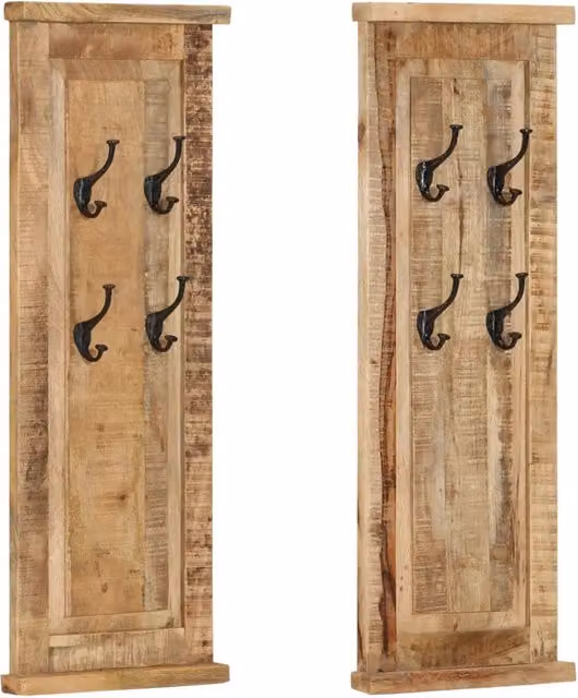 Set di 2 appendiabiti da parete vintage in legno massello di mango 38 x 100 cm con robusti ganci in ferro in legno marrone 02_0046939