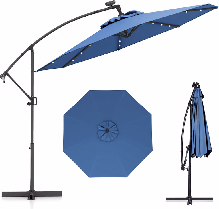 COSTWAY ombrellone φ300cm, ombrellone a sbalzo con 32 LED solari e manovella, angolo di inclinazione regolabile, ombrellone da giardino ombrellone da patio blu
