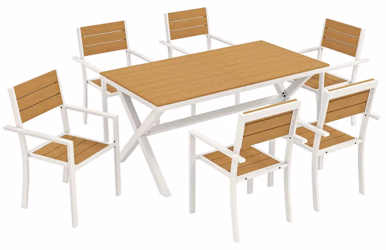 Set da giardino composto da 7 pezzi, con tavolo e 6 sedie impilabili. Colore: teak. Dimensioni: 160x86x72 cm