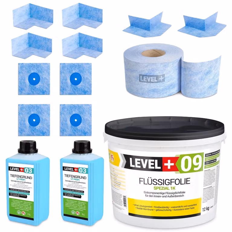 Kit di impermeabilizzazione Foglio liquido 12 kg Nastro sigillante 20 mb Primer Bagno doccia Level+ SET71