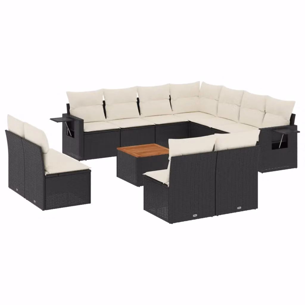 vidaXL Set Divani da Giardino 12 pz a Forma a U in Polyrattan Nero con Cuscini e Tavolino da Esterno – 2