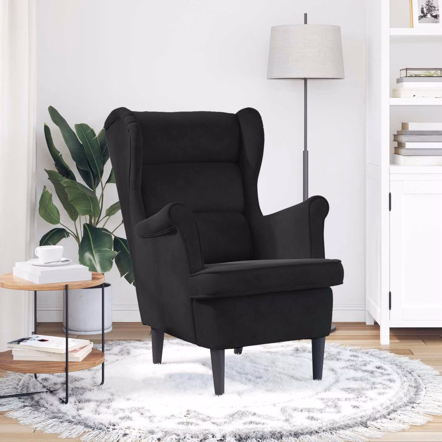 Poltrona relax moderna vidaXL in velluto nero con braccioli e struttura in legno