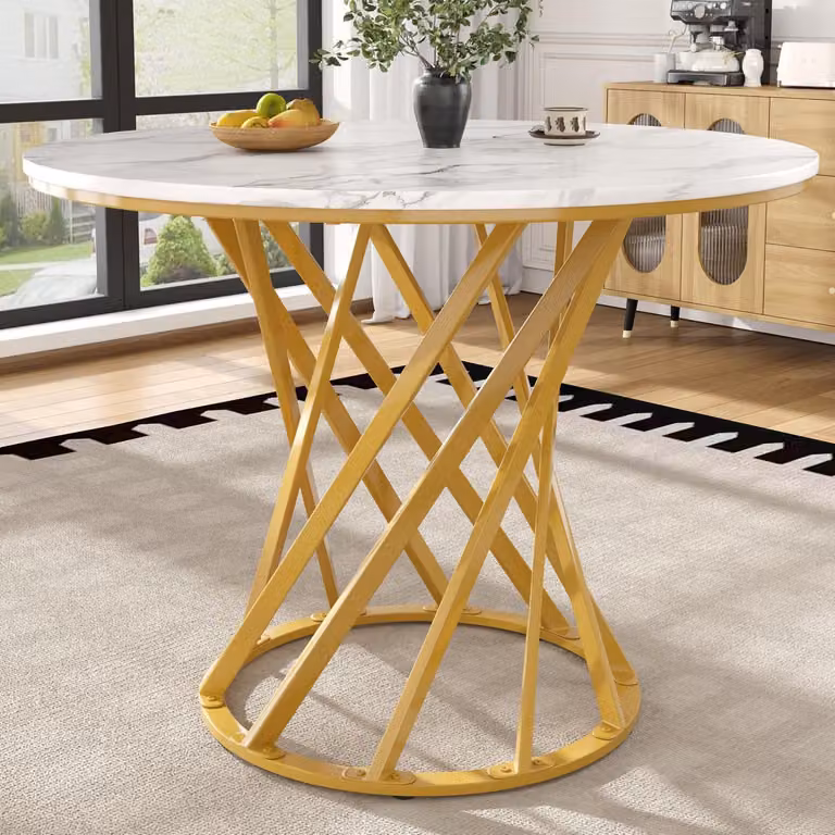 Tavolo da pranzo rotondo, diametro 80 cm, finitura effetto marmo bianco, gambe in metallo