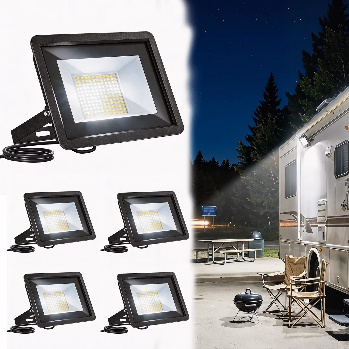 VA-Cerulean, 5 fari LED da 100W per esterni, luce bianca fredda, grado di protezione IP66 (resistente all'acqua), supporto regolabile a 180°, faretto esterno in alluminio per giardino e garage