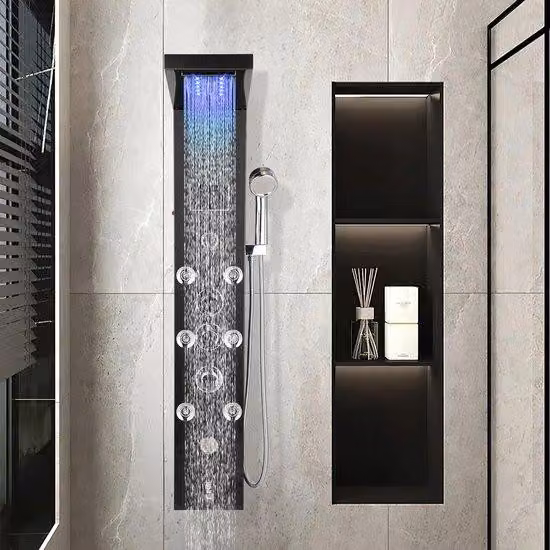 Pannello doccia LED con funzione massaggio, design nero, doccia a pioggia, pannello doccia LED con funzione massaggio, 6 funzioni d'acqua, display LCD, soffione manuale con miscelatore