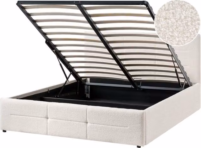 Letto ottomano bianco sporco bouclé 140x200 cm con testiera sollevabile e base a doghe Design moderno