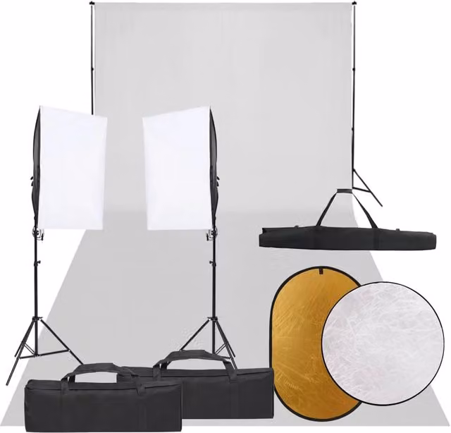 Kit per studio fotografico professionale con illuminazione LED, fondale bianco e riflettore, struttura regolabile in metallo e alluminio