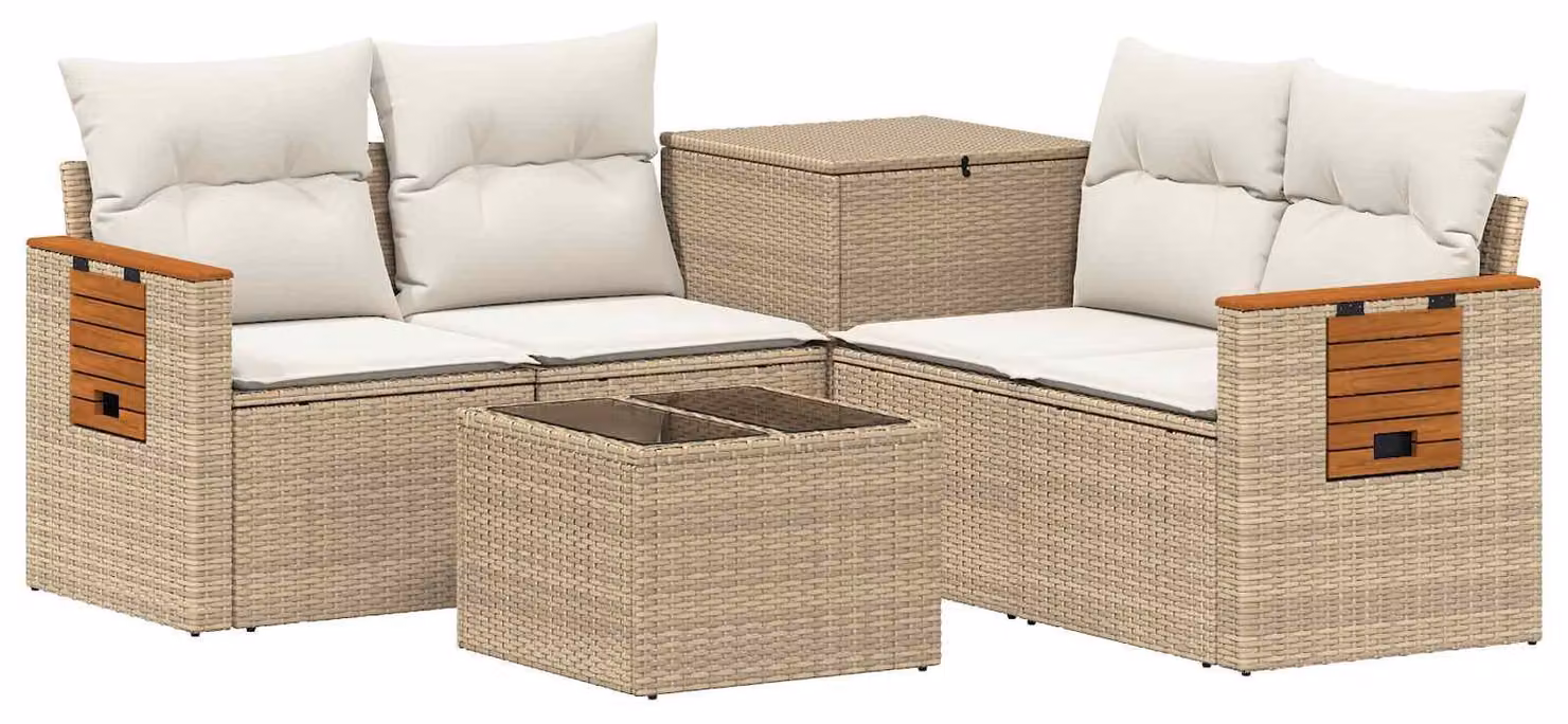 Set di divani da esterno, 6 pezzi. Colore: beige e crema. Materiali: rattan sintetico e acciaio
