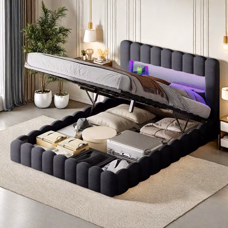Struttura letto matrimoniale 180 x 200 cm, Grigio con contenitore, tessuto di lino, luci LED, testata e stazione di ricarica, rete a doghe
