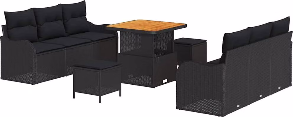 Set Divano da Giardino con cuscino 9 pcs Nero polyrattan