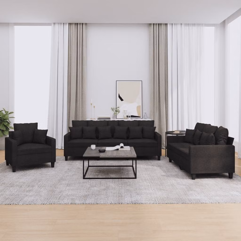 Set di divani vidaXL da 3 pezzi in tessuto nero con cuscini per soggiorno moderno – 1