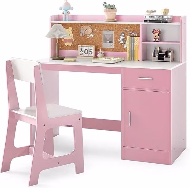 Set Scrivania e Sedia per Bambini Costway Rosa, Tavolo da Studio e Disegno in Legno e MDF con Design Moderno per Bambini dai 3 ai 6 Anni