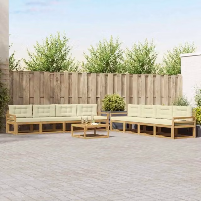 Set di mobili da giardino vidaXL composto da 9 pezzi con divani, tavolino da caffè e cuscini in tessuto bianco e beige con struttura in legno di acacia