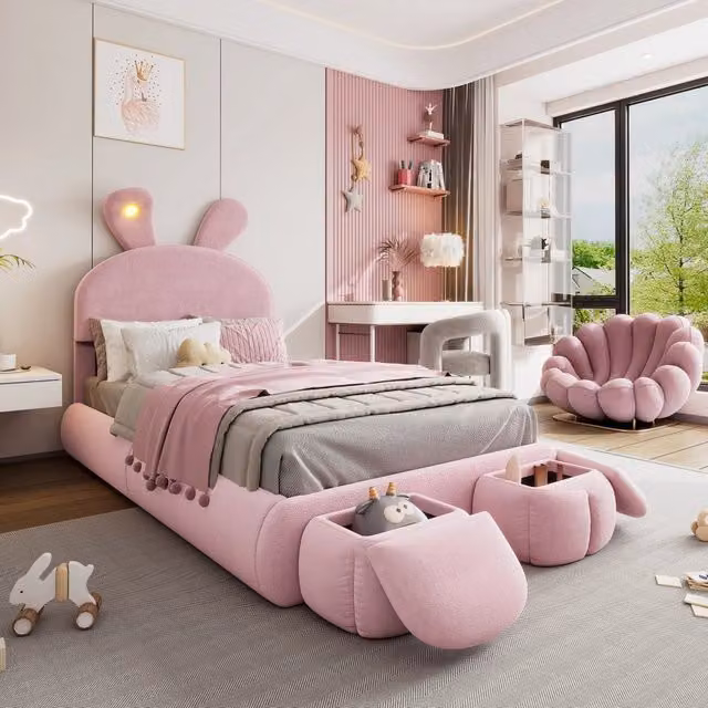 Letto Singolo REDOM in Velluto Rosa con Illuminazione LED e 2 Pouf Contenitore L/P: 90 x 200 cm