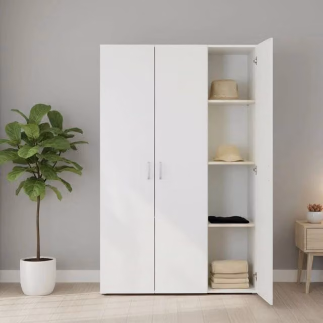 Armadio a 3 ante DMORA per camera da letto, cabina armadio con appendiabiti e ripiani interni, Bianco opaco, L: 111 cm, P: 52 cm, H: 179 cm