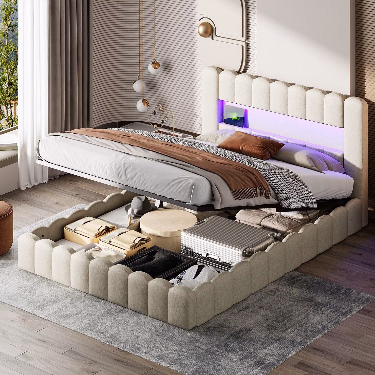 Letto imbottito 140x200 cm con LED e connessione di ricarica USB, con funzione e rete a doghe, beige, design moderno, ideale per camere da letto, funzionale e confortevole