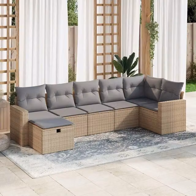 Set Divani da Giardino 7 pz con Cuscini Beige in Polyrattan 3325405
