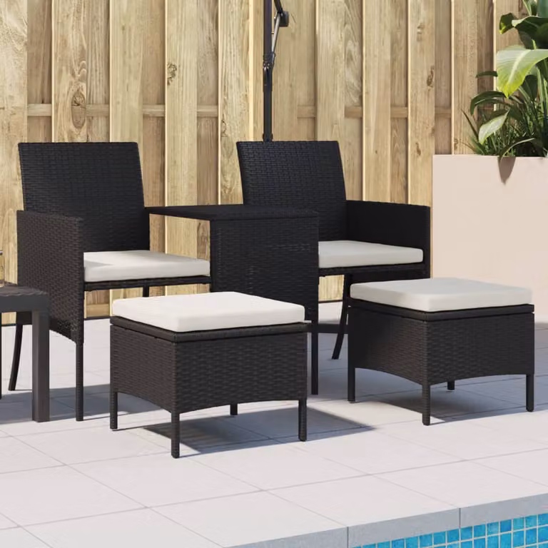 Set da giardino vidaXL moderno composto da divano a 2 posti con cuscini, tavolino da caffè e pouf, in rattan e metallo nero e bianco