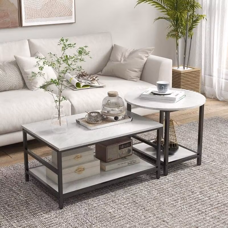 Set di 2 tavolini da caffè - Aspetto marmo | Colore: Bianco | Dimensioni: 54x80x41 / 60x60x51 cm