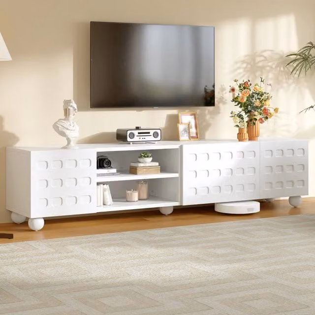 Mobile TV Mivray a 3 ante con vani semiaperti in legno bianco per TV fino a 80 pollici L/P/H: 200 x 40 x 44 cm