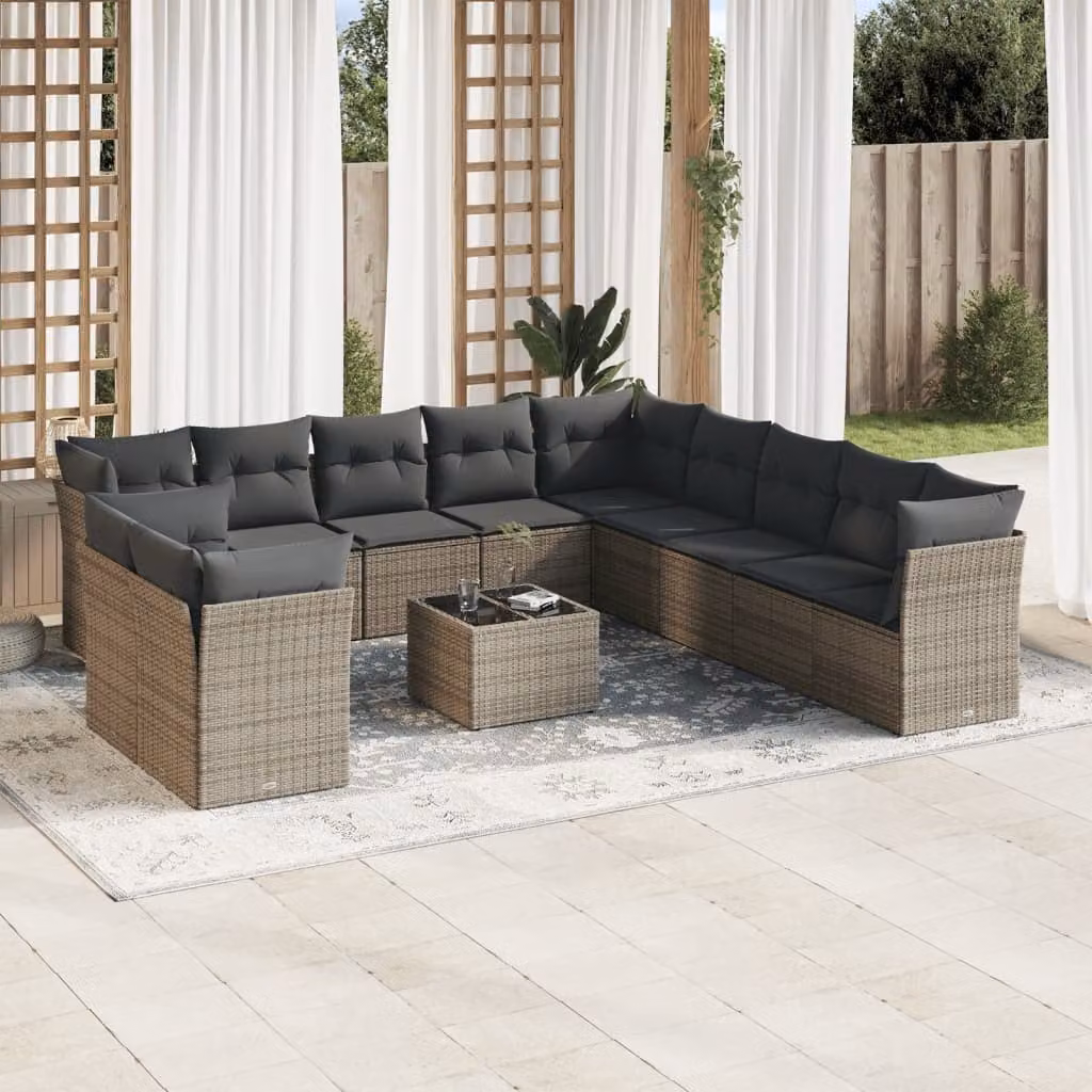 Set di divani da giardino vidaXL in polyrattan grigio con cuscini e tavolino da esterno a forma di L – 1