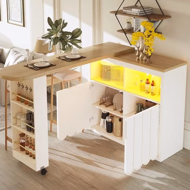 Tavolo da bar allungabile con LED e vano portaoggetti, 135-205x39x100 cm, bianco, ante a coste minimaliste